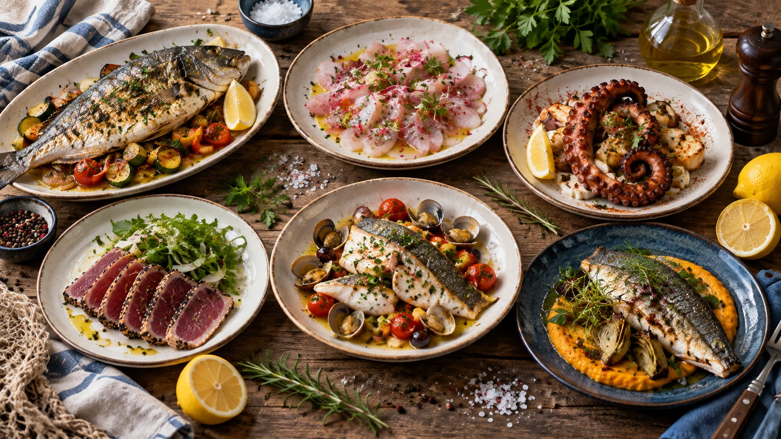 Assortiment de plats de poisson, coquillages et crustacés sur une table