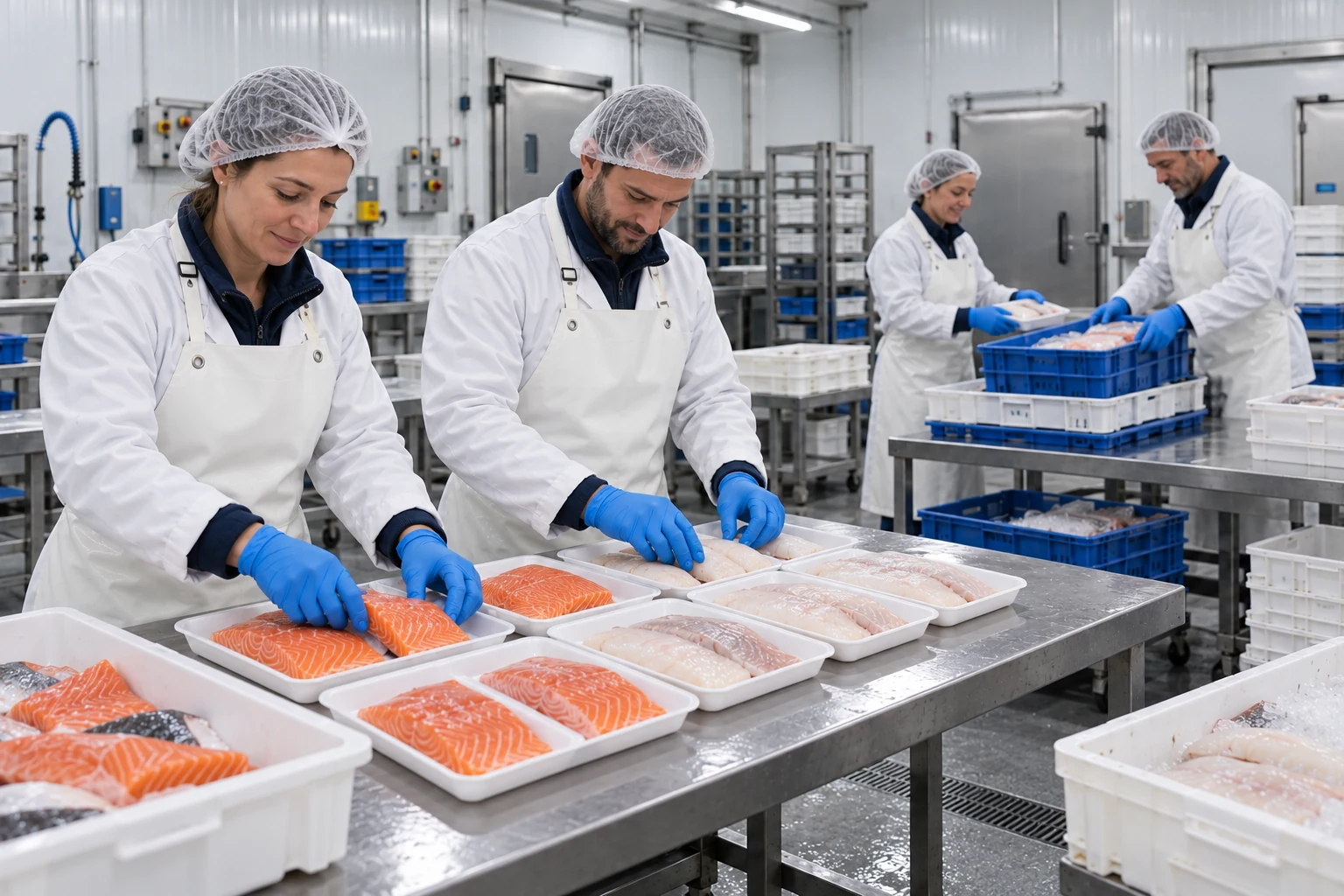 Illustration de collègues préparant des filets dans un laboratoire de poisson