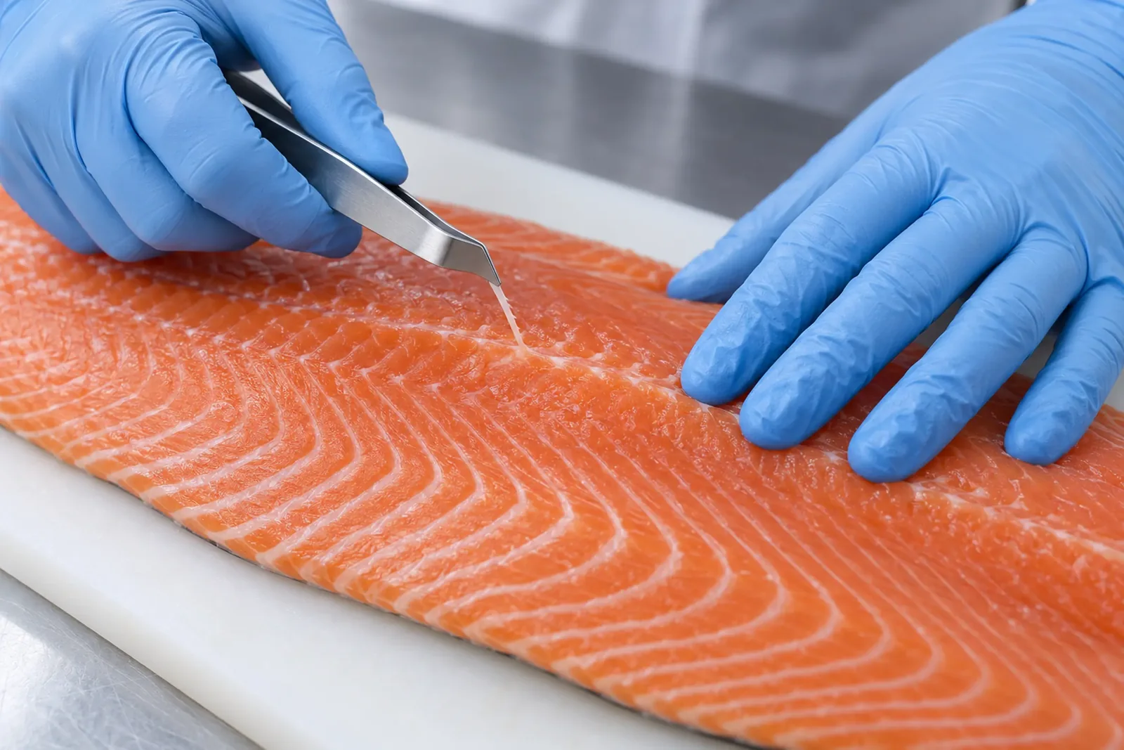 Désarêtage à la pince d’un filet de saumon sur une planche de préparation