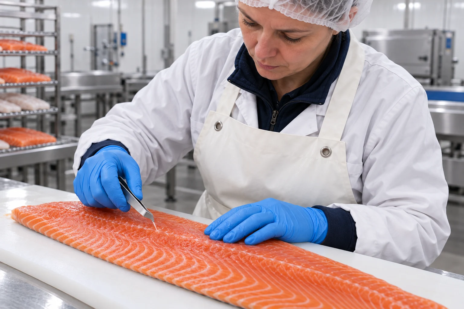 Désarêtage manuel d’un filet de saumon au laboratoire