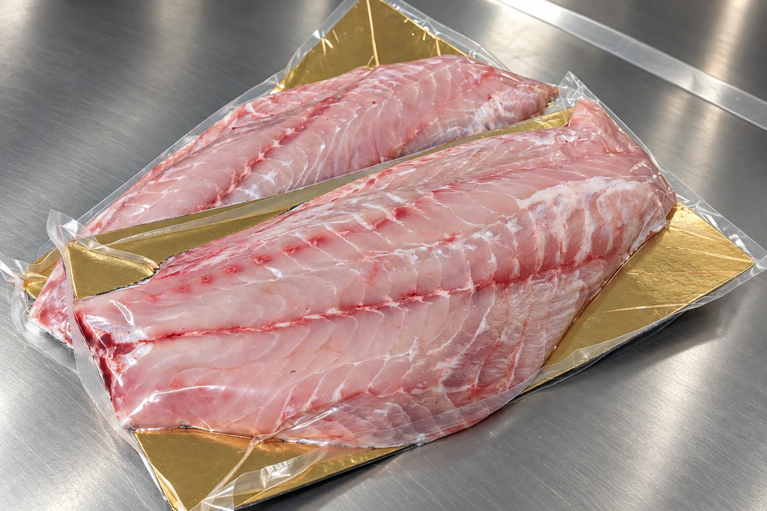 Deux filets de poisson sous vide sur plaques dorées, disposés en diagonale