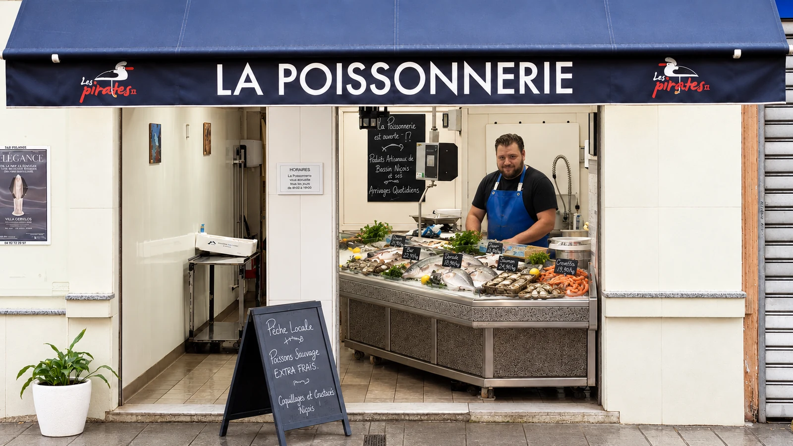 Devanture blanche historique de la Poissonnerie Les Pirates à Nice, version retouchée
