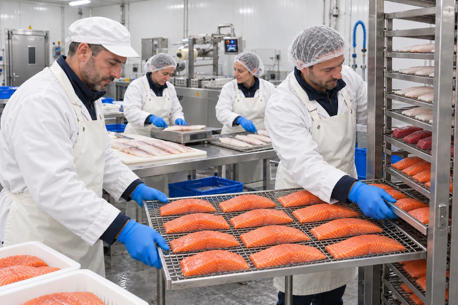 Préparation de filets et rangement des grilles en laboratoire — illustration