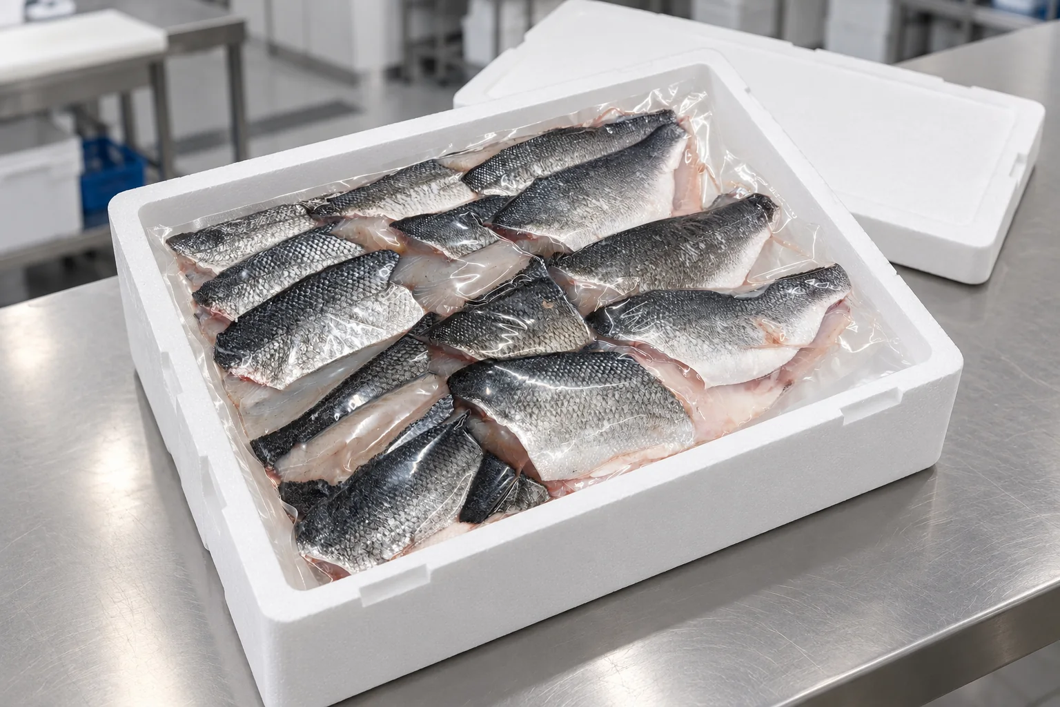 Filets de loup en poche collective sous vide, présentés dans une caisse isotherme — illustration