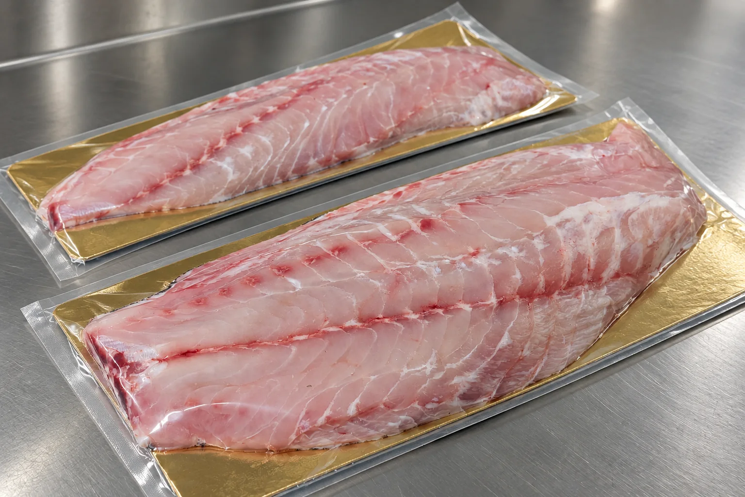 Filets de poisson sous vide sur plaques dorées, présentés sur un plan de travail — illustration