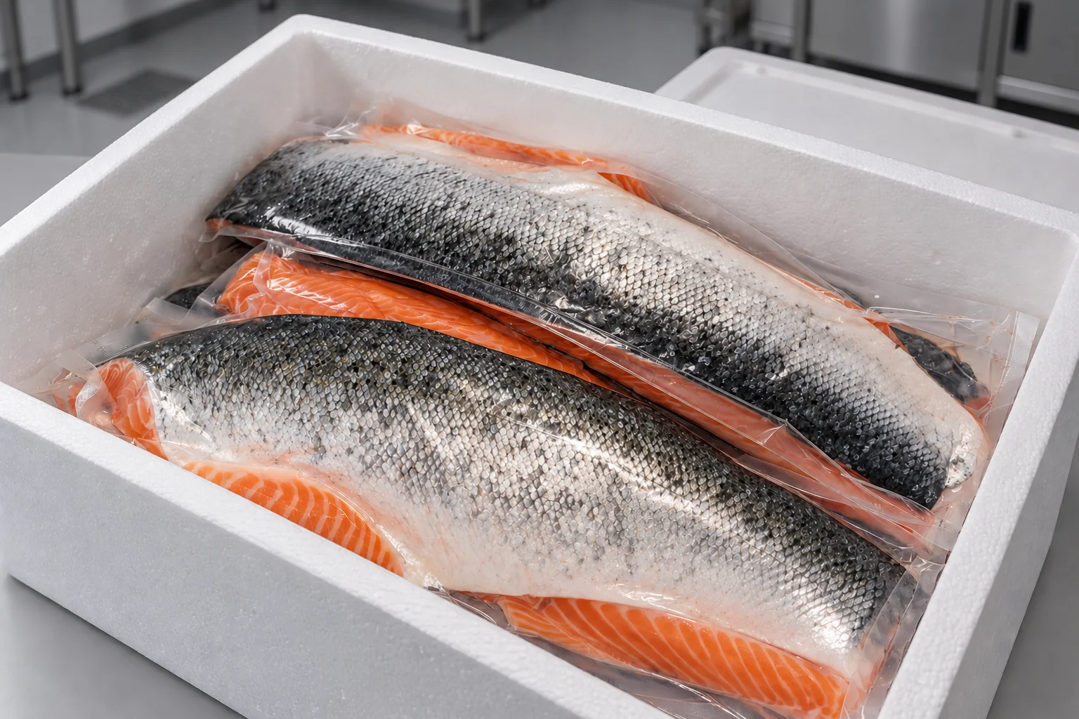 Filets de saumon sous vide dans une caisse isotherme au laboratoire — illustration