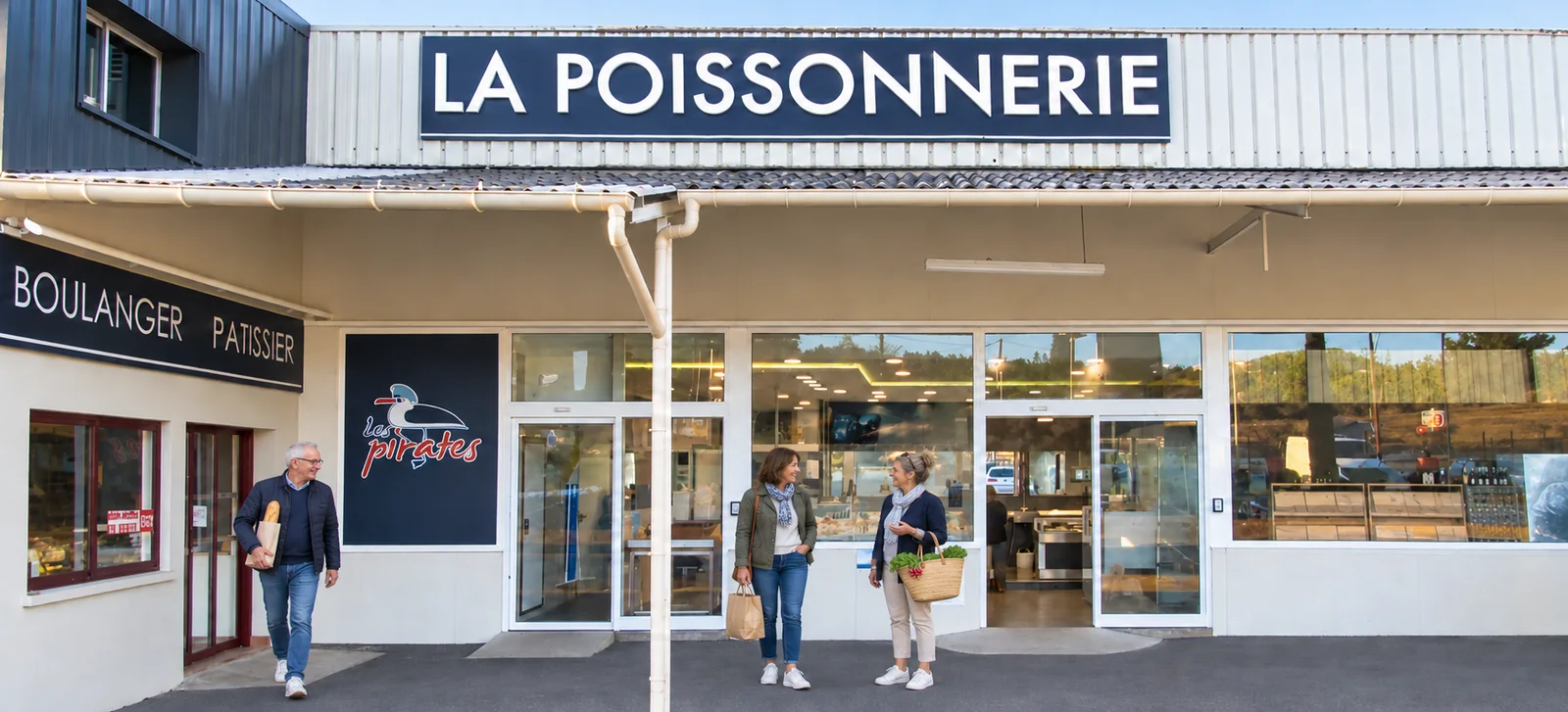 La boutique Les Pirates à Mouans-Sartoux et des clients devant la façade — version idéalisée