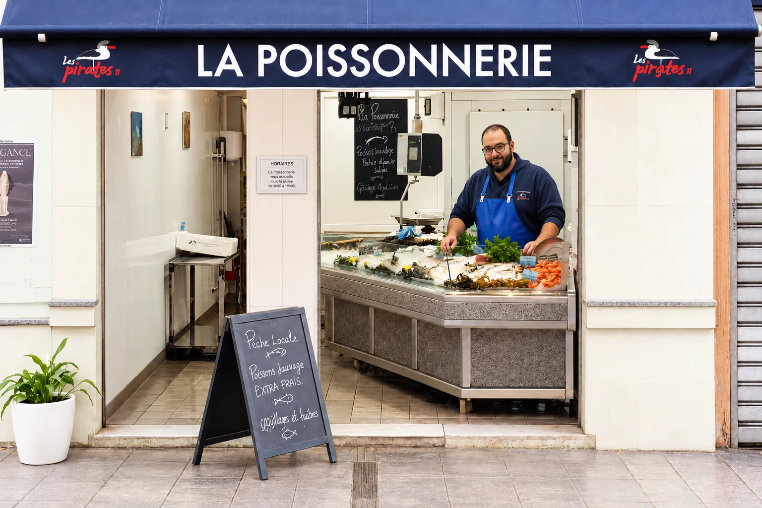 L’ancienne devanture blanche de la Poissonnerie Les Pirates sur le port de Nice — photographie retouchée