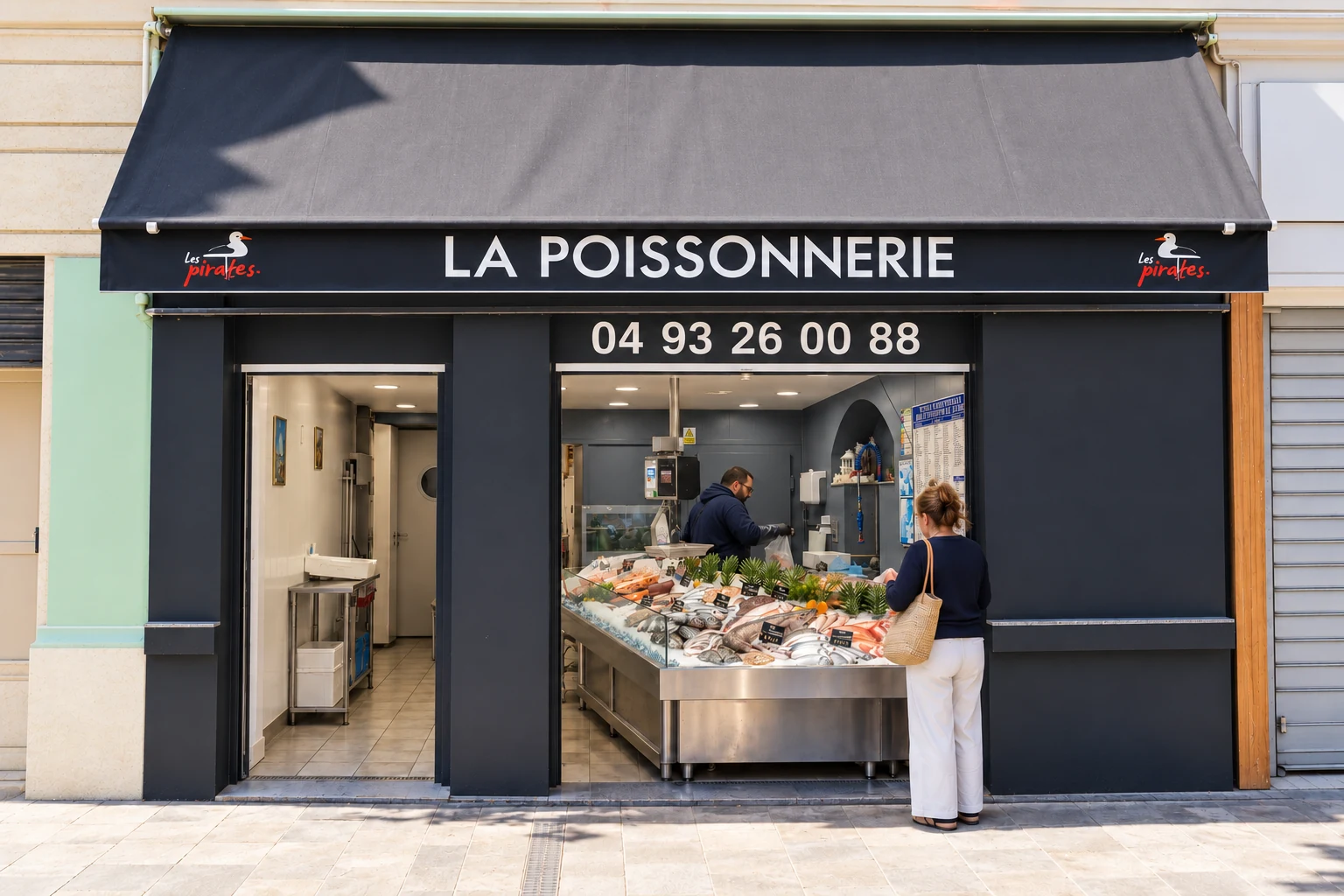 La boutique de Nice ouverte, avec sa devanture noire et son store abaissé — photographie retouchée