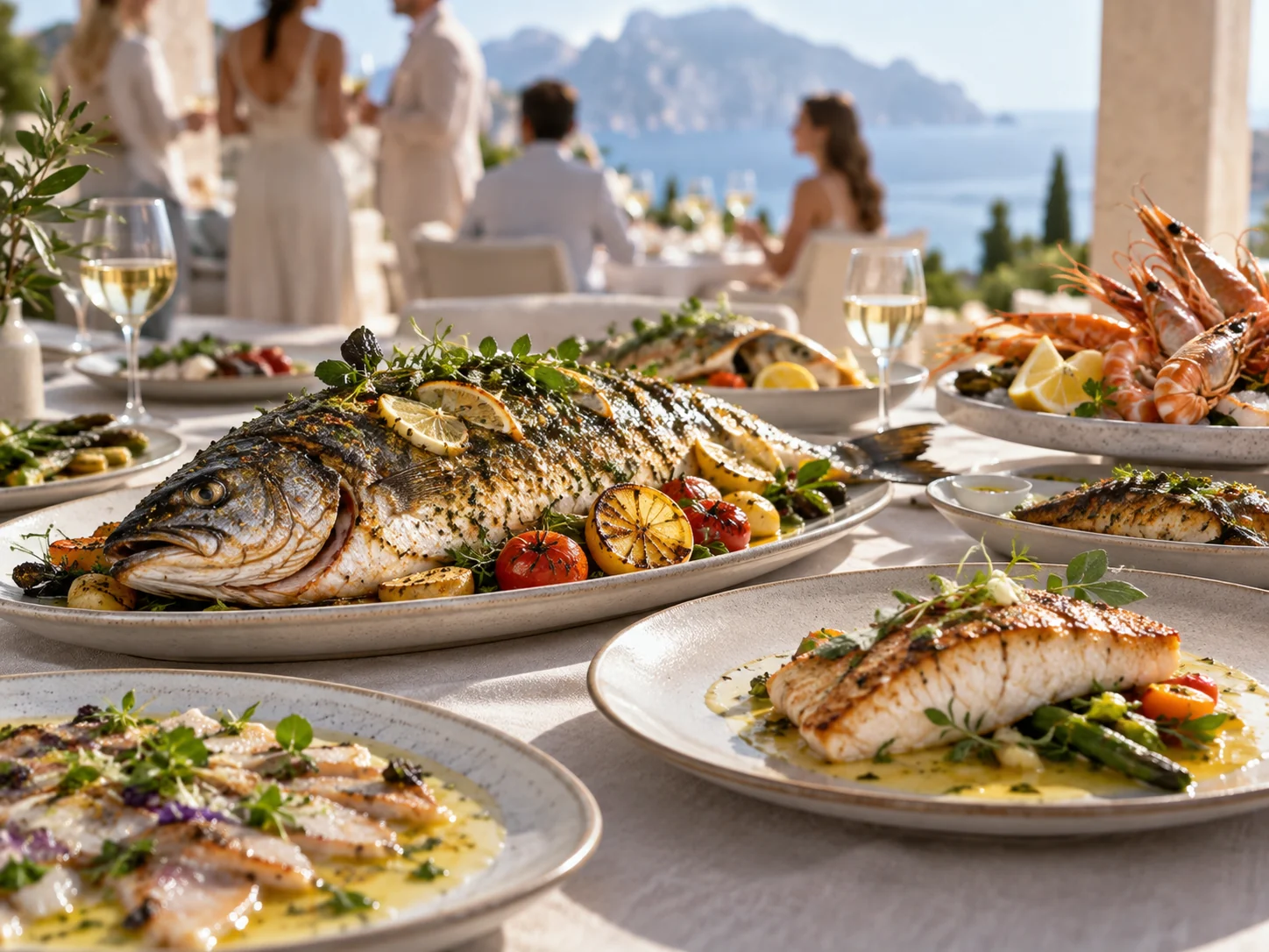 Poisson cuisiné et plats à partager sur une table en plein air