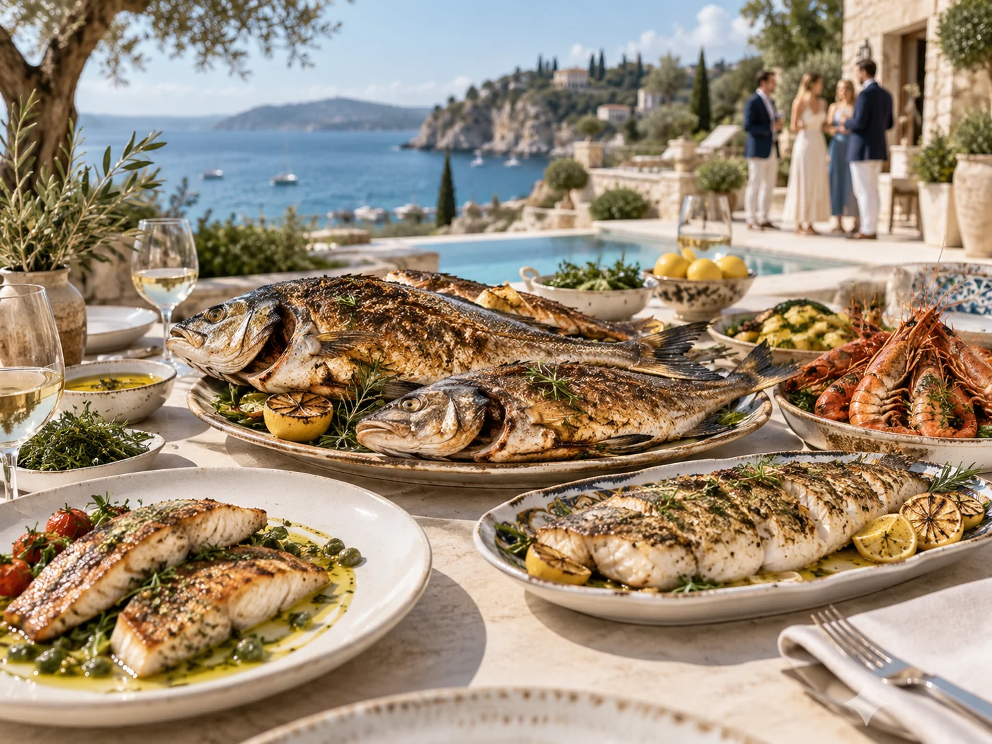 Poissons cuisinés servis sur une terrasse dominant la Méditerranée