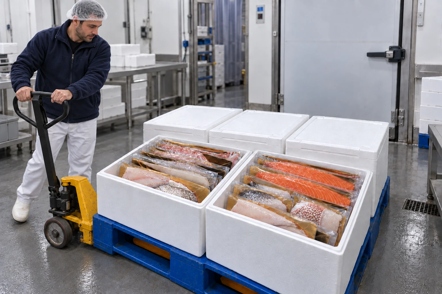 Préparation à l’expédition de caisses isothermes contenant des poissons sous vide sur plaques dorées