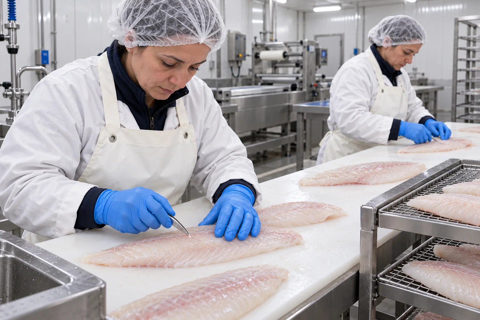 Préparation manuelle de filets de poisson destinés à la livraison aux particuliers