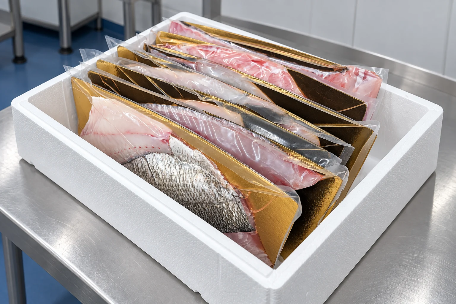 Préparations de poisson sous vide sur plaques dorées, rangées dans une caisse isotherme au laboratoire