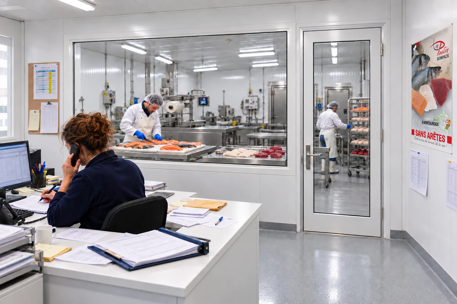 Une collaboratrice au téléphone dans le bureau donnant sur le laboratoire de préparation